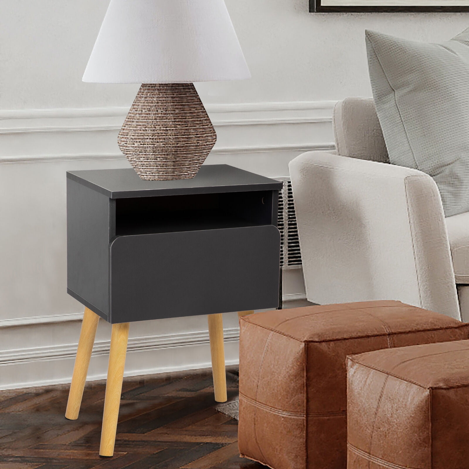 Private Jungle Nightstand with Drawer, Natural Wood Sofa Side End Table Bedside Night Stand with 4 Pine Legs,Gray Private Jungle Nightstand with Drawer, Natural Wood Sofa Side End Table Bedside Night Stand with 4 Pine Legs,Gray
