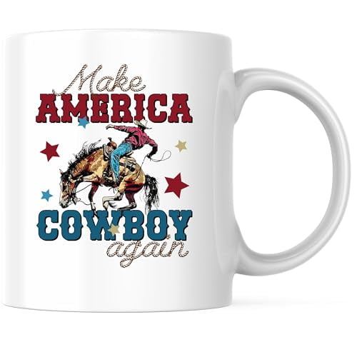Bliss Monkey Co. Make America Cowboy Again Coffee Mug - Cowboy Riding Roping Mug - 11 Ounce Coffee Mug - Printed On Both Sides - Microwave & Dishwasher Safe - White Handle & Interior - BMCM00769