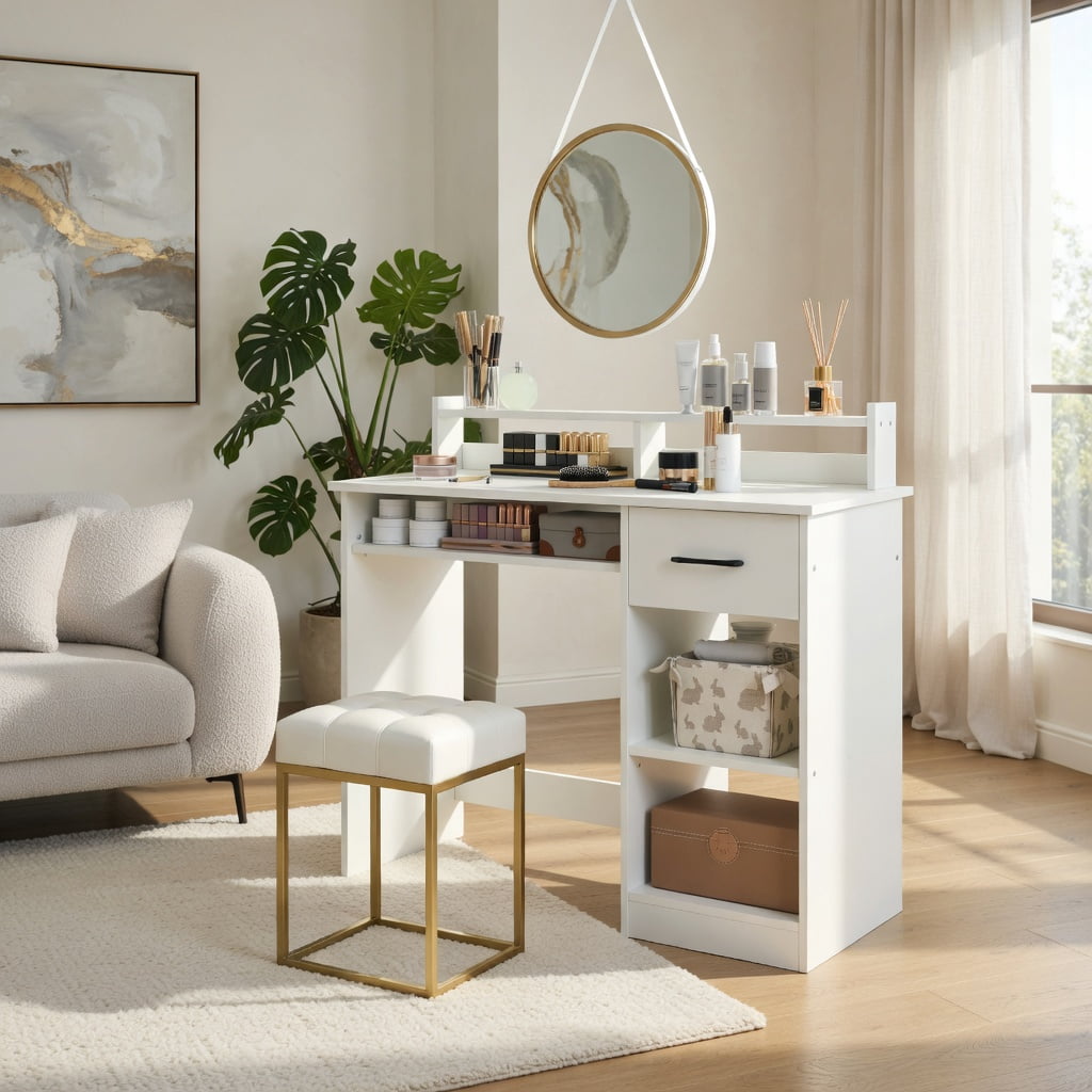 Demi Bonn White Home Office Desk, Keyboard Tray, Reinforced Crossbar, with Charging Station and Adjustable Shelf-White