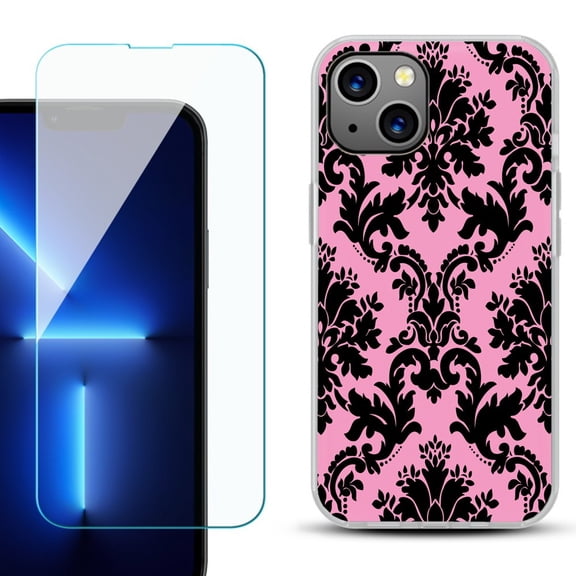 OneToughShield ® for iPhone 15 Plus Shockproof Phone Case, with Tempered Glass Screen Protector - Victorian Pink/Black