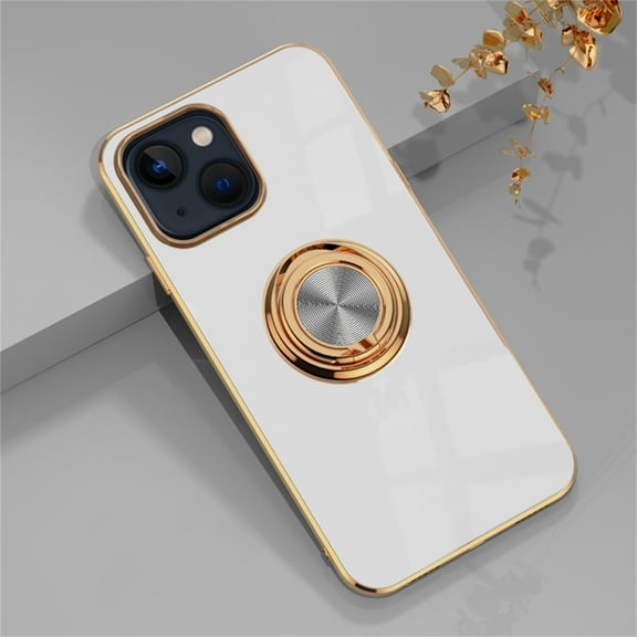 Nalacover Electroplated Case for iPhone 15, Plating Frame Rotated Metal Ring Holder Bracket Slim Cover with Magnetic Car Mount Rugged Shockproof Anti-Scratches Case for iPhone 15, White