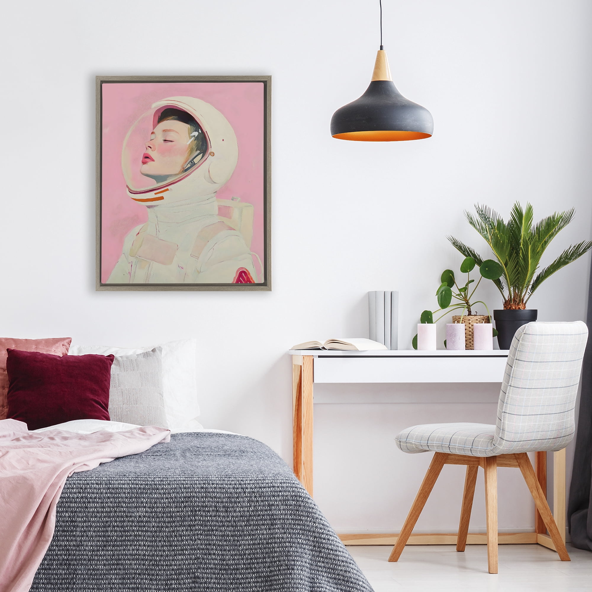 Stupell Industries Pink Astronaut Girl Brown Framed Floater Canvas Wall Art, design by The Prints Vibe