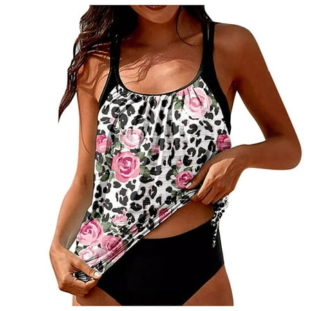 

fvwitlyh Bikini Sets for Women Swim Sports Bra Women Rose Print With Shorts Bathing Suits Plus Size Print Strappy Back Set Two Womens plus Size Leopard Bikinis