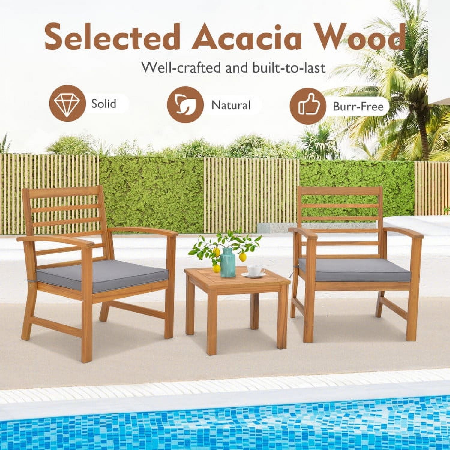 Aimee Lii 3 Pieces Outdoor Furniture Set with Stable Acacia Wood Frame, Patio Furniture Sets, Gray