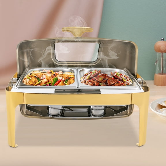 Gold Chafing Dish 2Pan Stainless Steel Chafing Dish Gold Rectangular Food Warmer 64*46*44cm for Hotels, Holiday Banquets, Family Gatherings