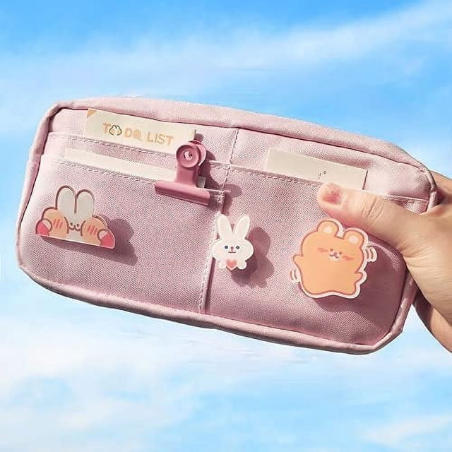 Estuche para lápices Kawaii con 3 pines Estuche para lápices estético Papelería Kawaii Útiles escolares Kawaii (rosa)