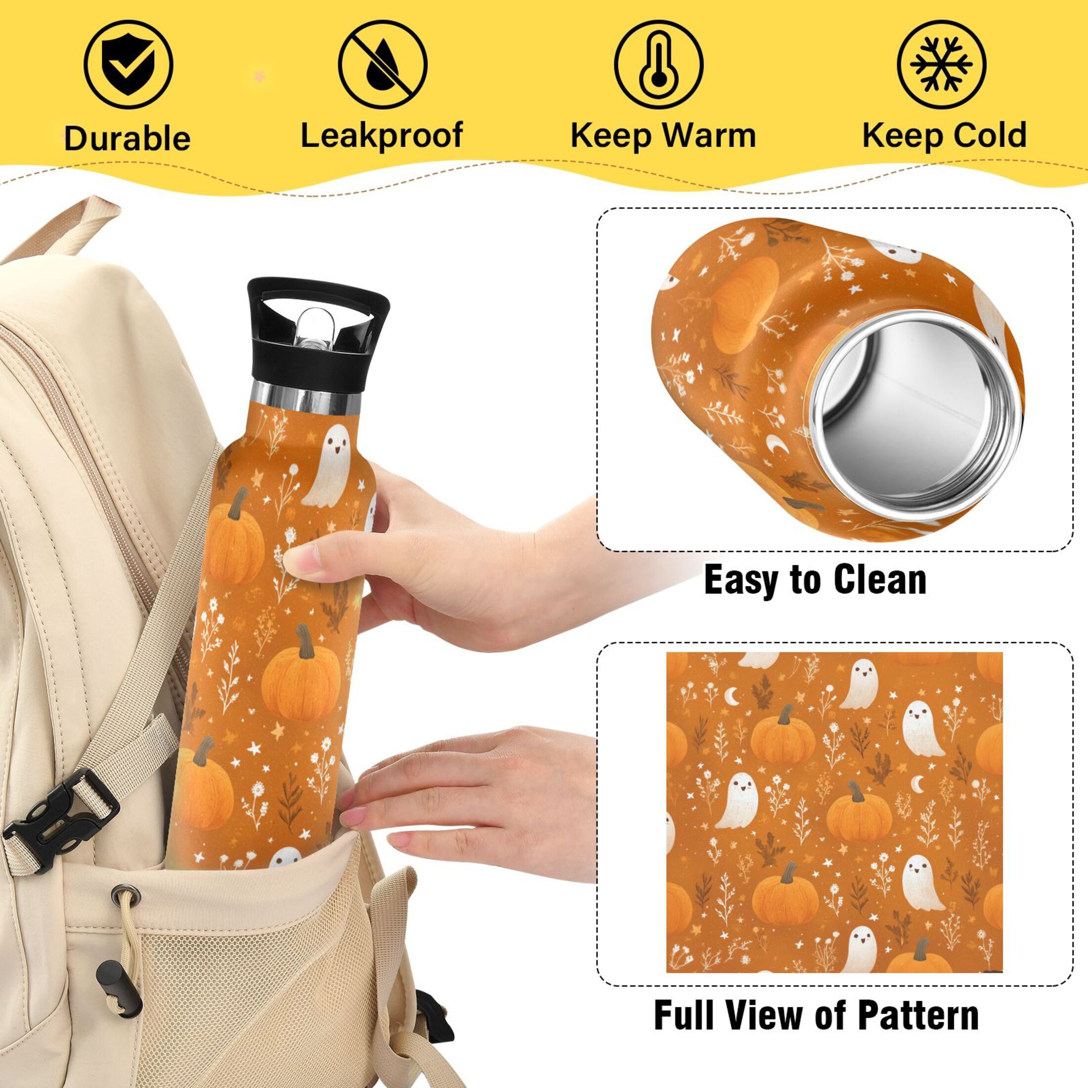 Kids Insulated Stainless Steel Sports Water Bottle 600ml (20oz) Fun Orange Halloween Pattern