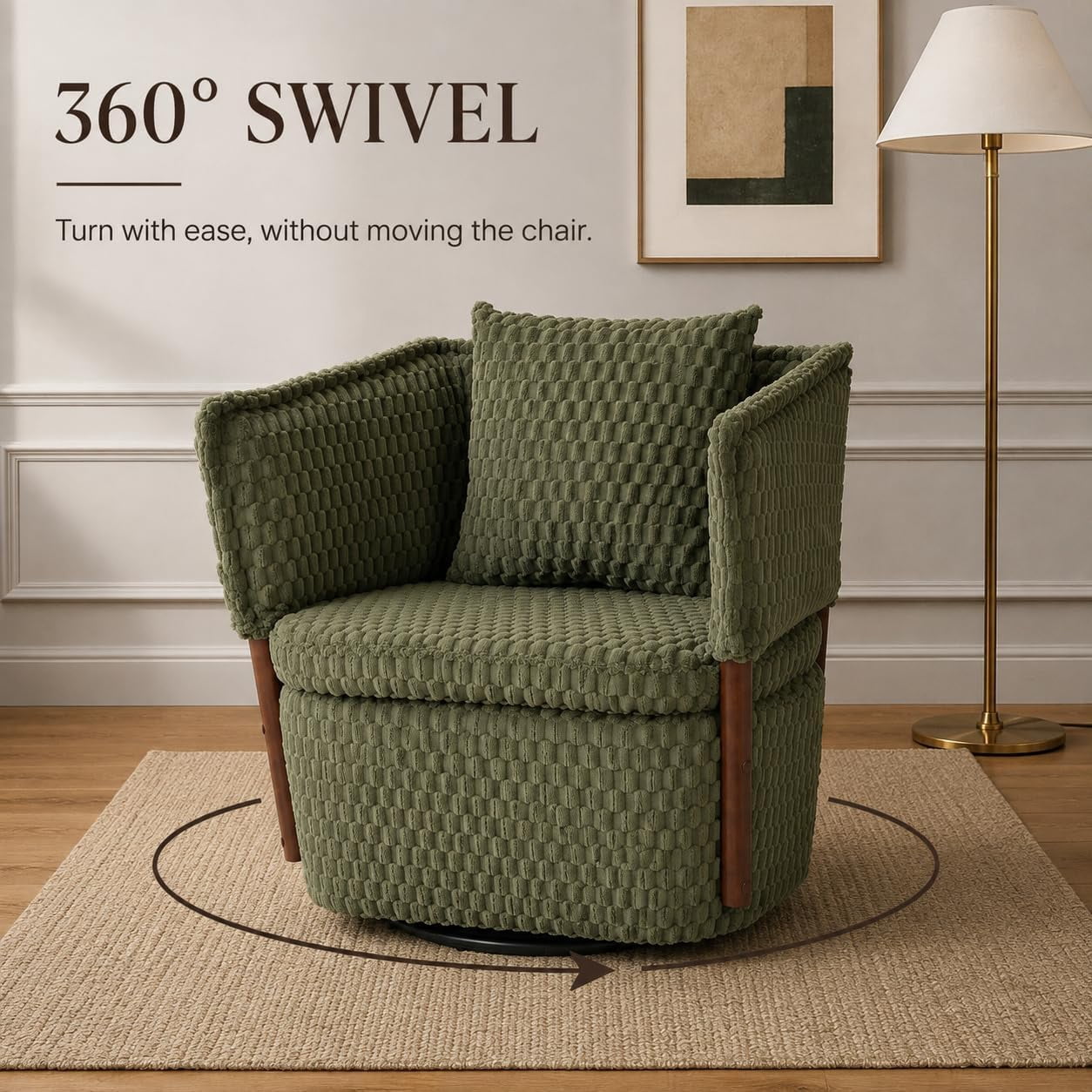 MOONIMSS 360°Swivel Accent Chair, Corduroy Vanity Chair with Storage,Green