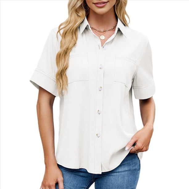 Camisa Informal de Corta con Botones para Mujer, Blusa de Trabajo con Cuello y Bolsillo XL