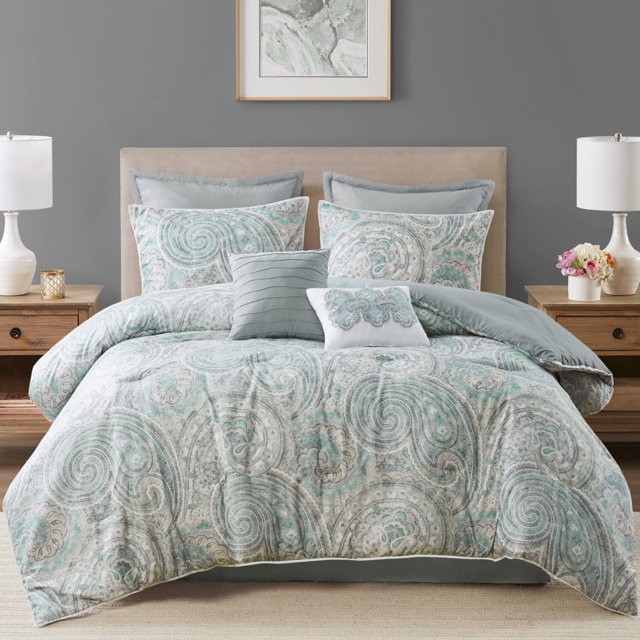 Comfort Spaces Juego de edredón hipoalergénico de Microfibra Liviana para Todas Las Estaciones Estampado Cachemir Ropa de Cama, Azul Suave, King, 1, 1