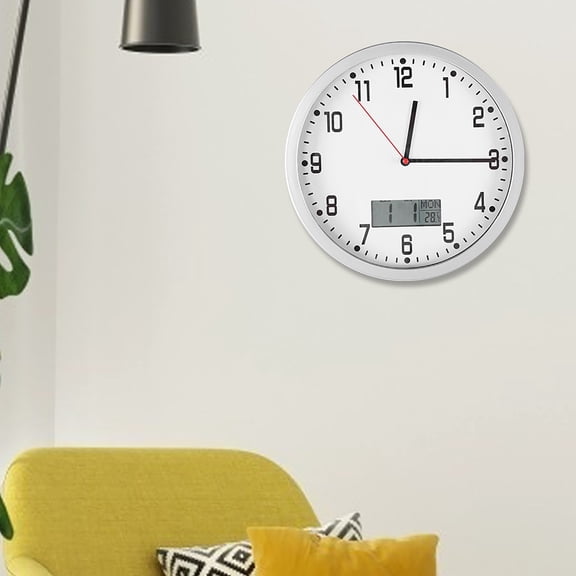 Riousery Modern Multifunctional Round Wall Clock with LCD Digital Date and Temperature Display - Silent Non-Ticking Quartz Battery Operated Decor for Home Office Living Room Bedroom, 9.8 Inches