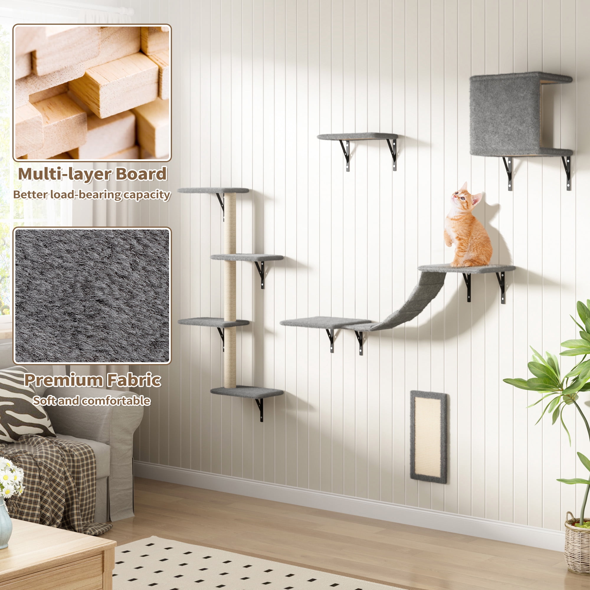 COZIWOW Wall Mounted Cat Furniture, Cat Wall Shelves and Perches, Floating Cat Shelves for Wall Set of 5, Grey