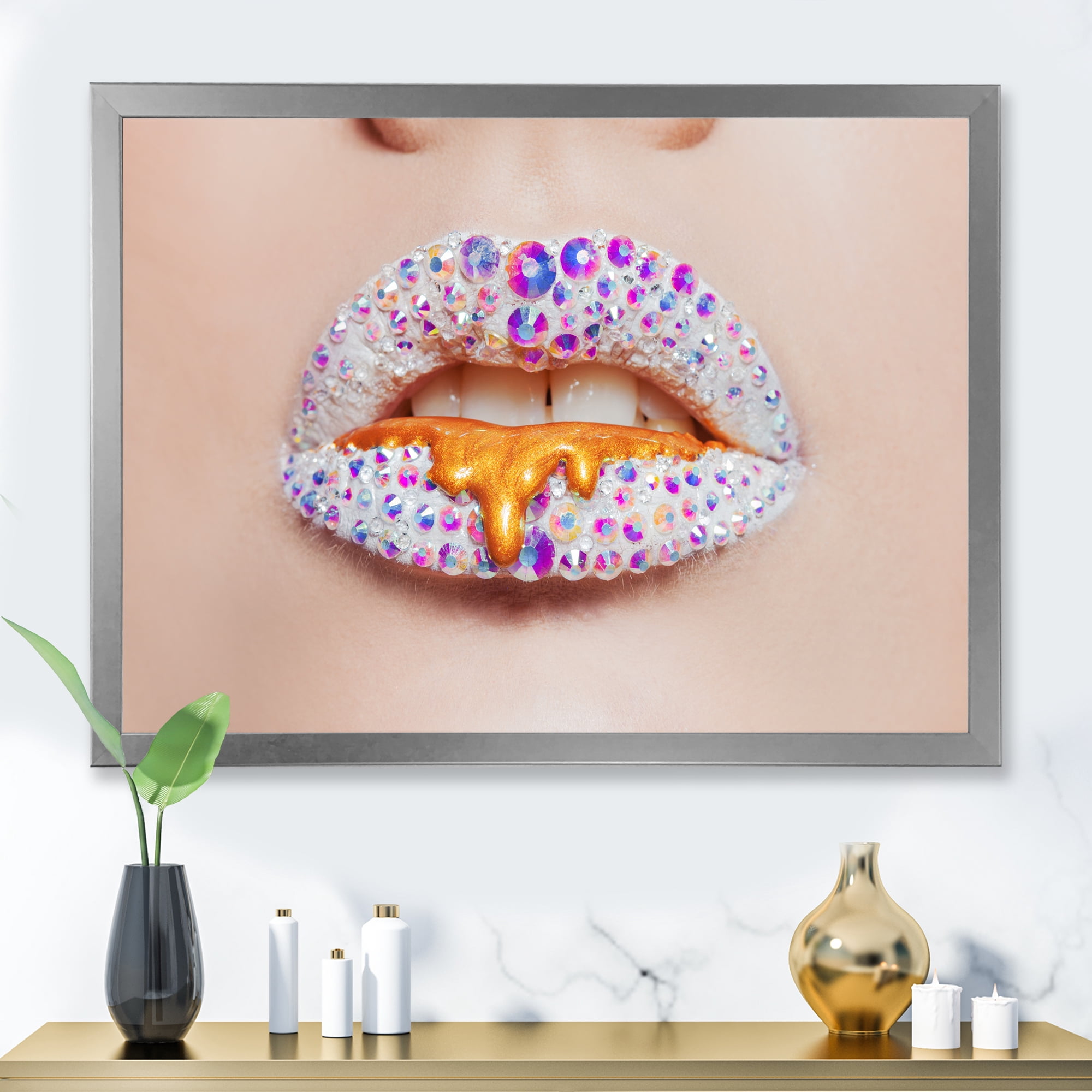 Designart 'Shining Woman Lips Covered With Rhinestones and Smudges' Modern Framed Art Print