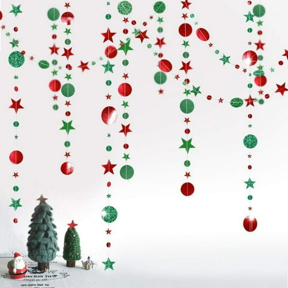 3Pcs Christmas Garlands, 52ft Red Green Christmas Streamer Garland Christmas Glitter Star Circle Dots Hanging Garland for New Year, Xmas, Office, Table, Ceiling Decoration