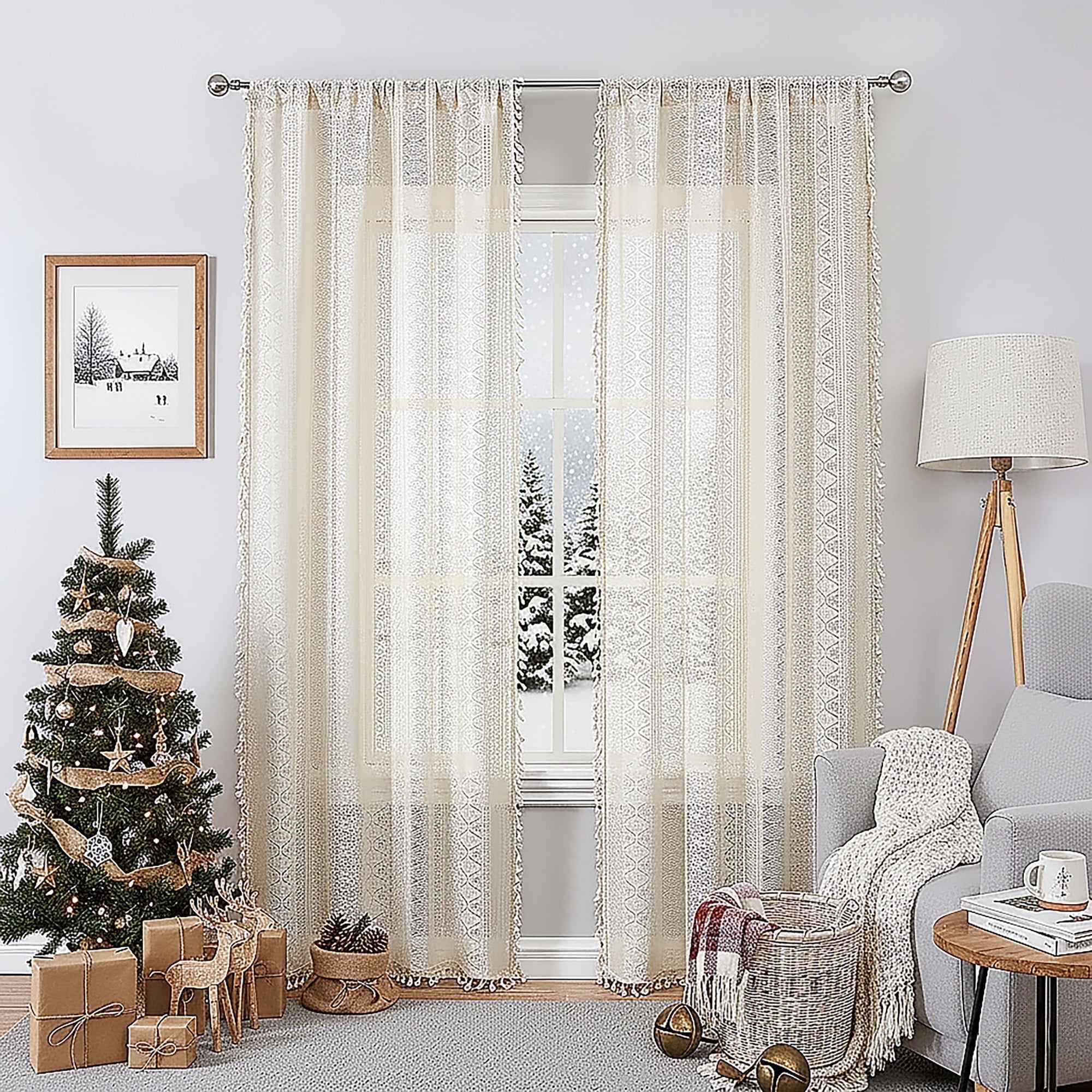 Bohogeo Beige Linen Tassel Sheer Lace Curtain Panels, Chic Crochet Farmhouse Rod Pocket Window Curtain Drapes for Living Room/Bedroom,2 Panels, Beige, 84"L x 40"W