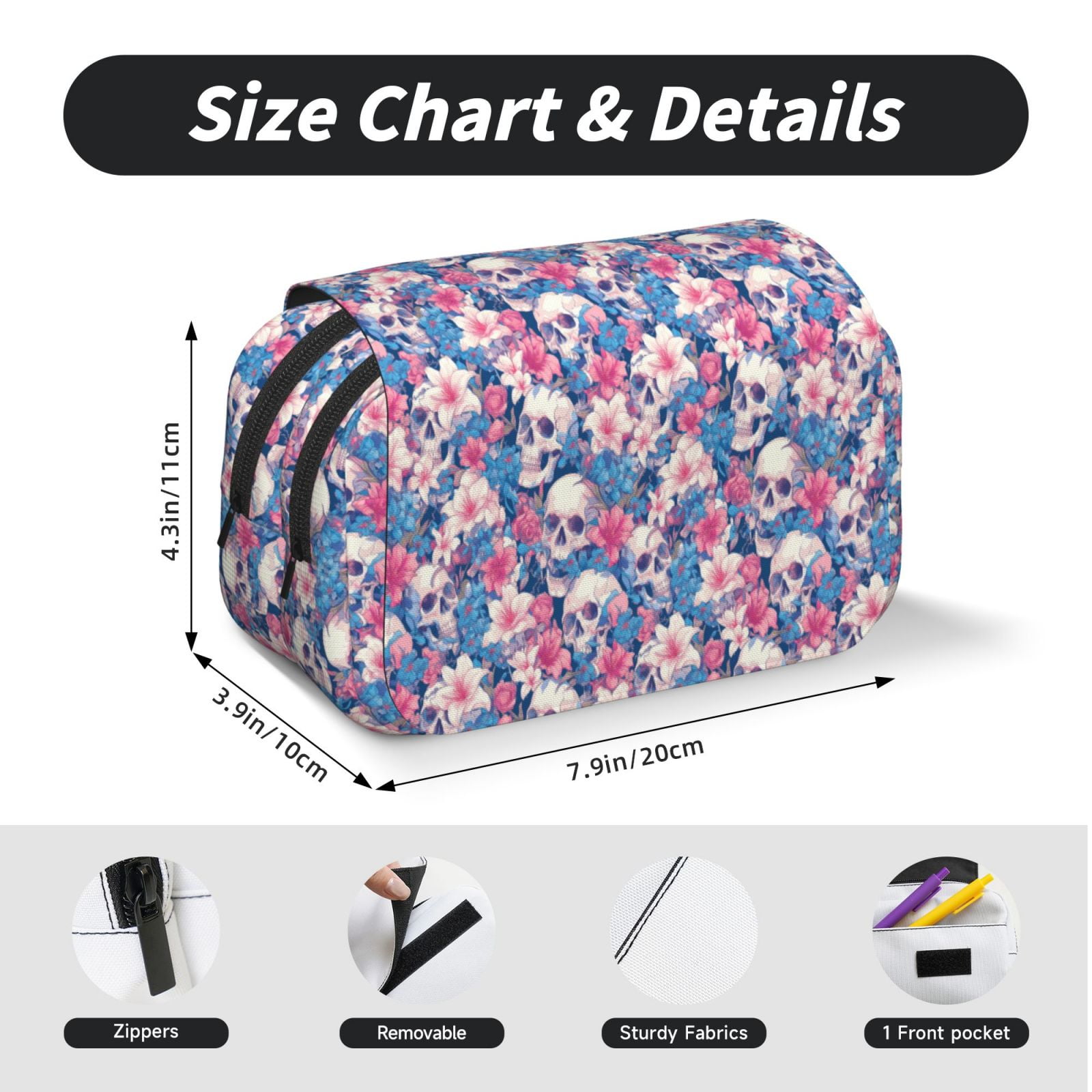 Rateoe Skull Pattern Double Clamshell Pen Case, Storage Organizer with Two Zipper Compartments– Holds Up to 50 Pencils & Pens