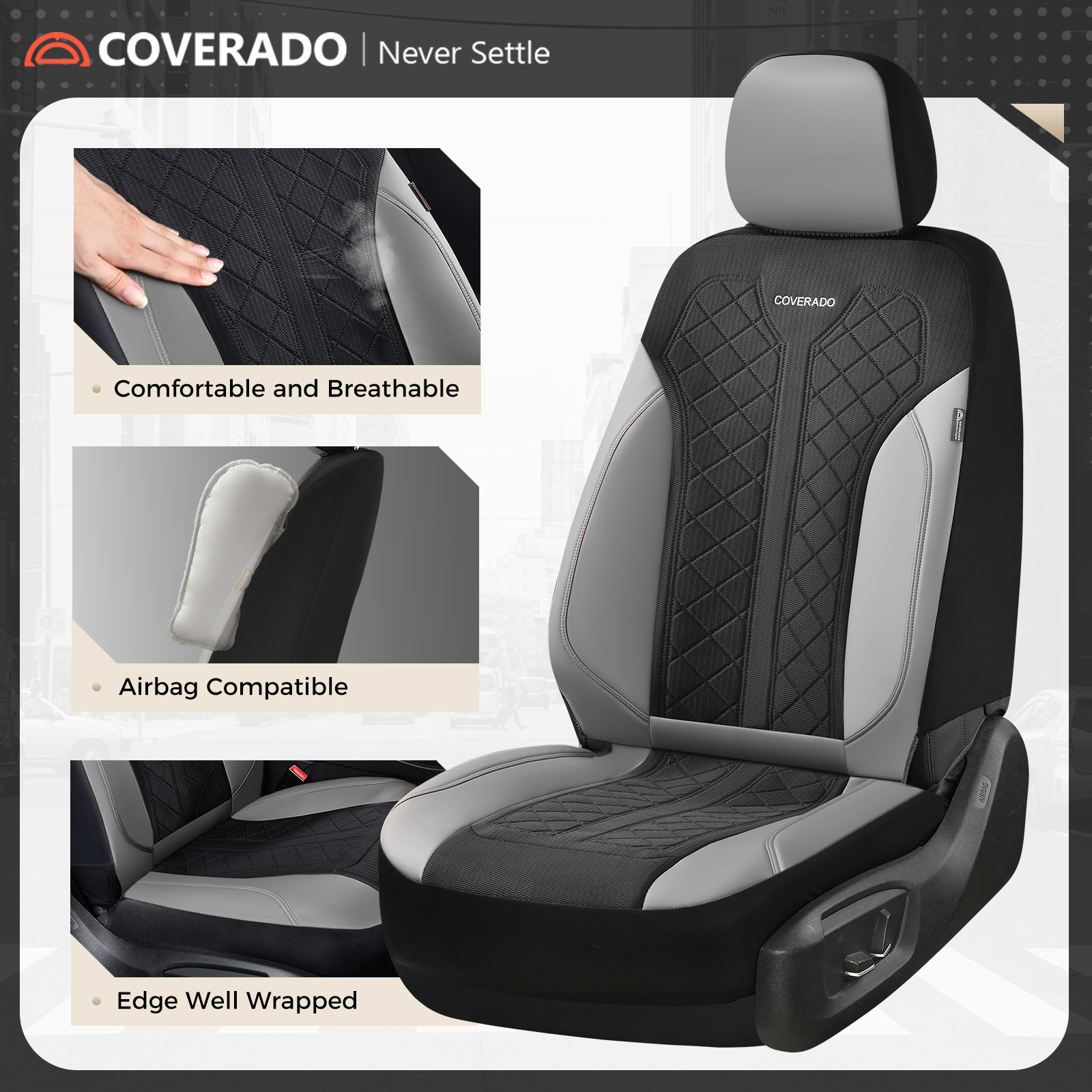 Coverado Front Car Seat Covers, 2 Seats Luxury Faux Leather Seat Protectors, Universal Fit for Most Cars, Black&Gray