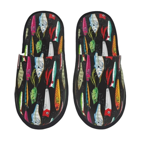 

Honeii Colorful Fishing Lures print Slippers Memory Foam House Bedroom Slippers for Women and Men Fuzzy Plush Comfy Faux Fur Lined Slide Shoes-Medium