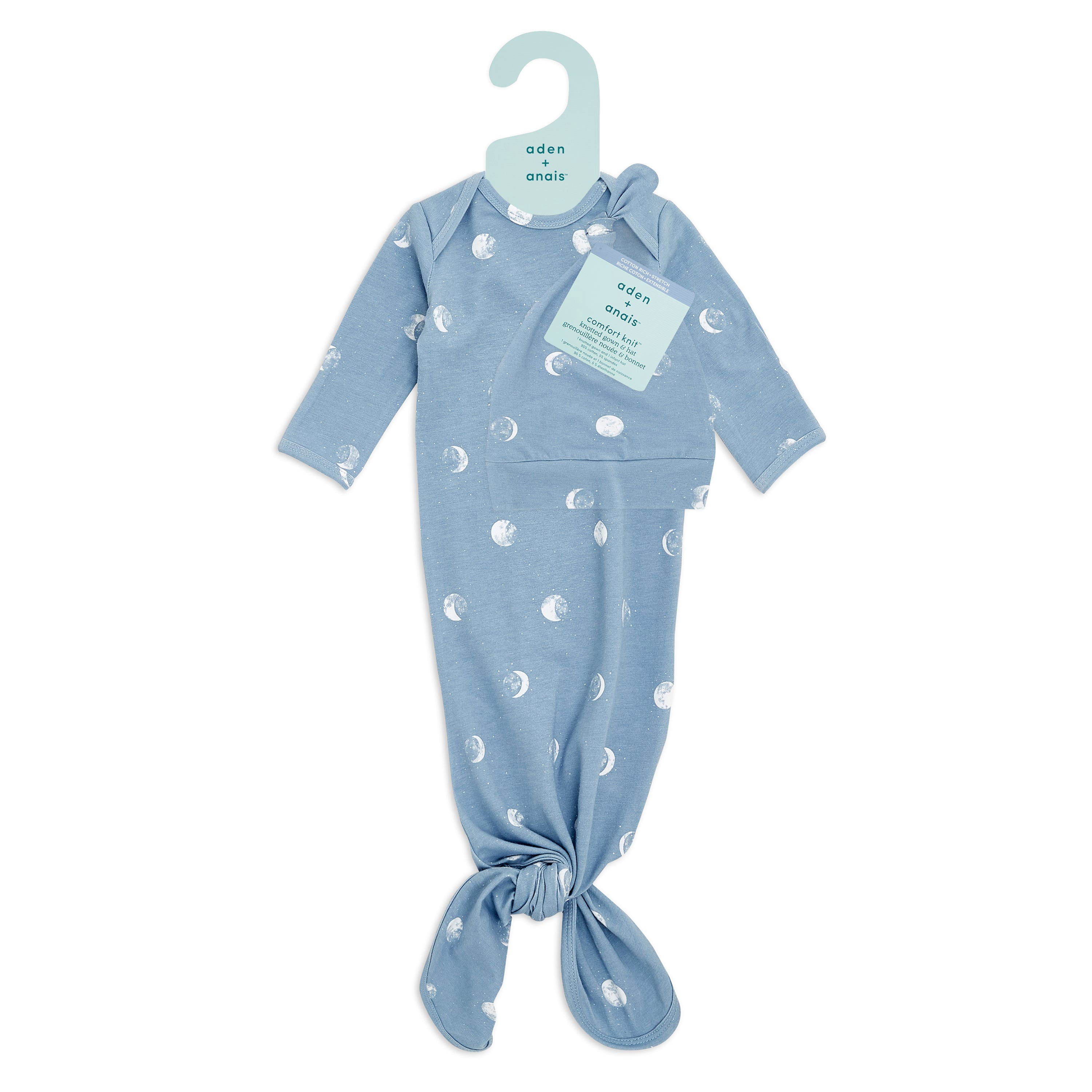 aden + anais Comfort Knit Knotted Newborn Baby Gown and Hat, 2 Piece Set, 0-3 Months Blue Moon