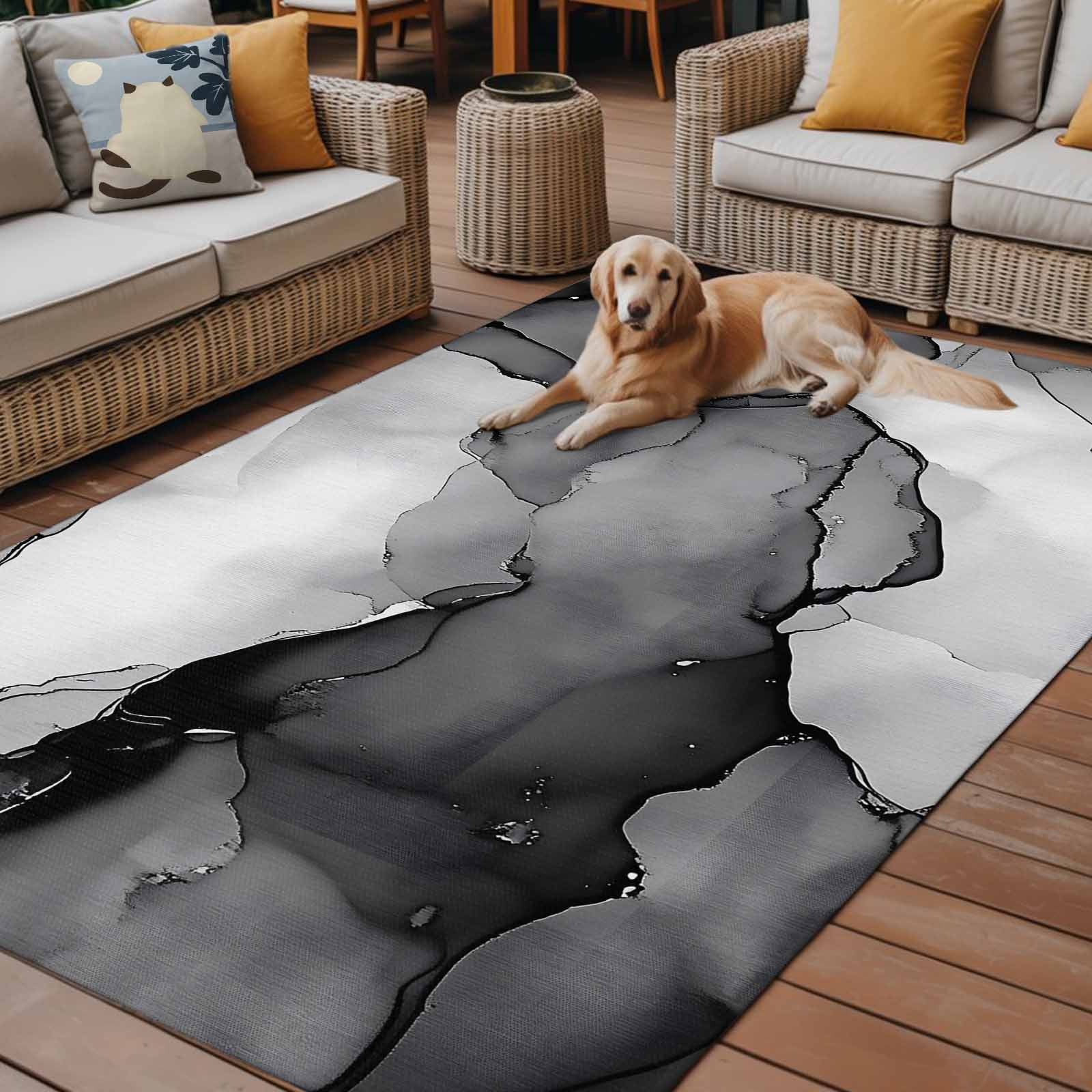 Outdoor Rug 5x8ft Abstract Ombre Grey Black Marble Large Area Rug Modern Art Indoor Outdoor Carpet Outdoor Rugs Mats for Patio Camping,RV,Front Door, Outside Decor