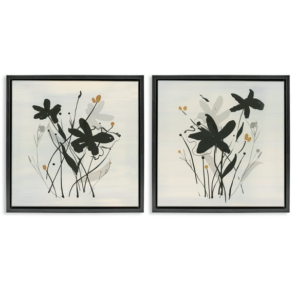 Stupell Industries Contemporary Floral Sprigs Plants & Flowers Painting Black Floater Framed Canvas Art Print Wall Art, 18 x 18, Set of 2