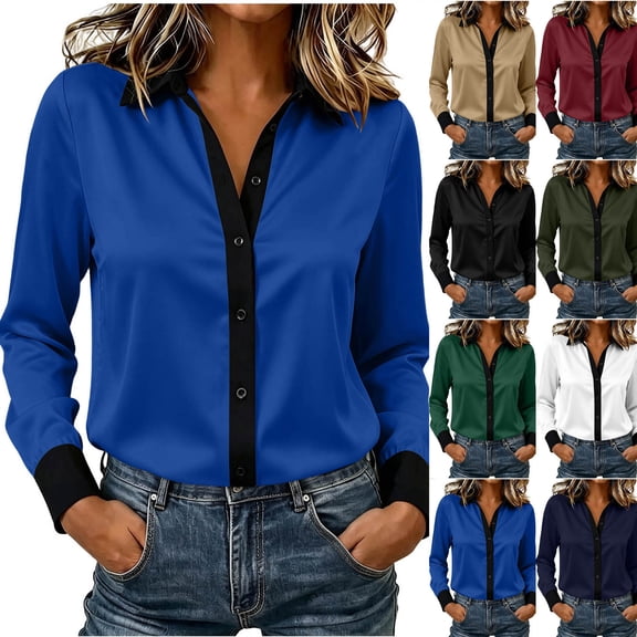 SEROYE Women's Button Down Shirt Color Block Long Sleeve Classic Fit Collared Blouse Dressy Casual Office Work Tops (XL, Blue)