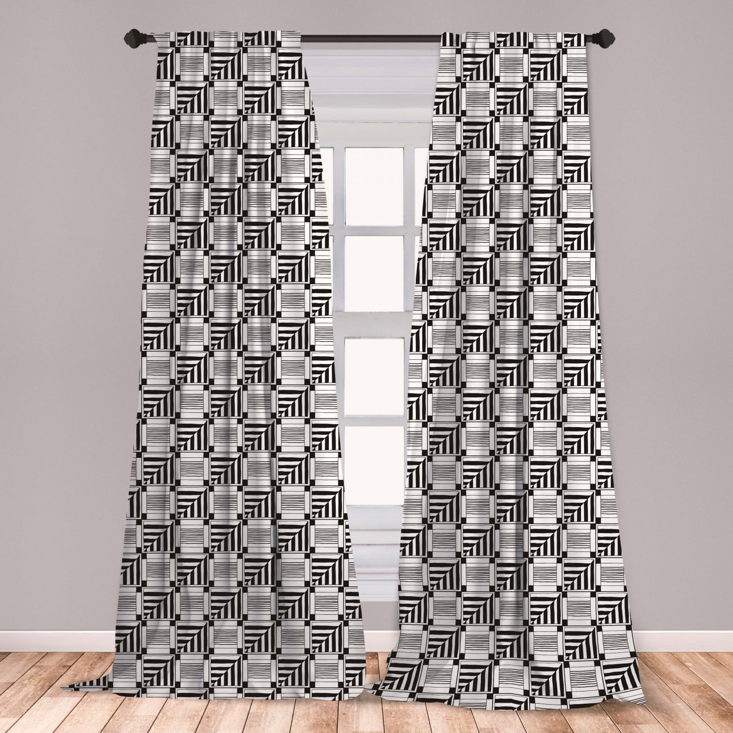 Black and White Curtains 2 Panels Set, Abstract Composition of