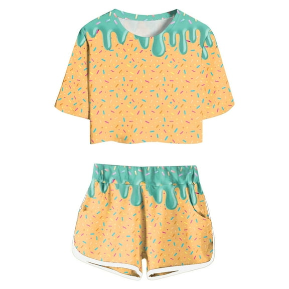 shoper Girls Short Sets Size 10-12 Outfits Ice Cream Crew Neck Tops and Shortss Sport Sleepwear Set Toddler To Little Kid Green 160