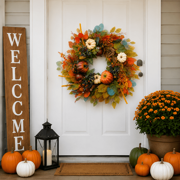 PinkPuii 24 Inch Fall Wreath for Front Door, Autumn Harvest Wreath with Pumpkins, Maple Leaves, Berries, Pinecones, Thanksgiving Farmhouse Decor