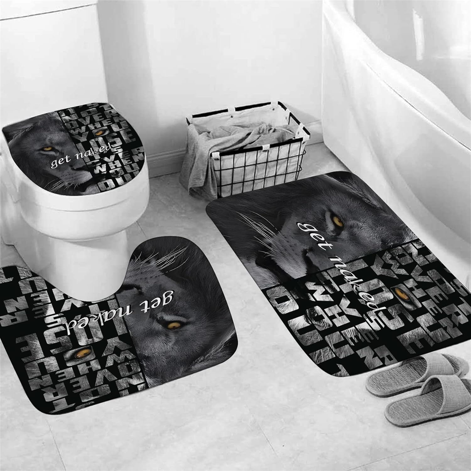 4PCS Lion Insipirational Shower Curtain Set with Rugs, Toilet Lid Cover and Bath Mat, Animal Shower Curtain with 12 Hooks, Complete Bathroom Accessories Decor Set