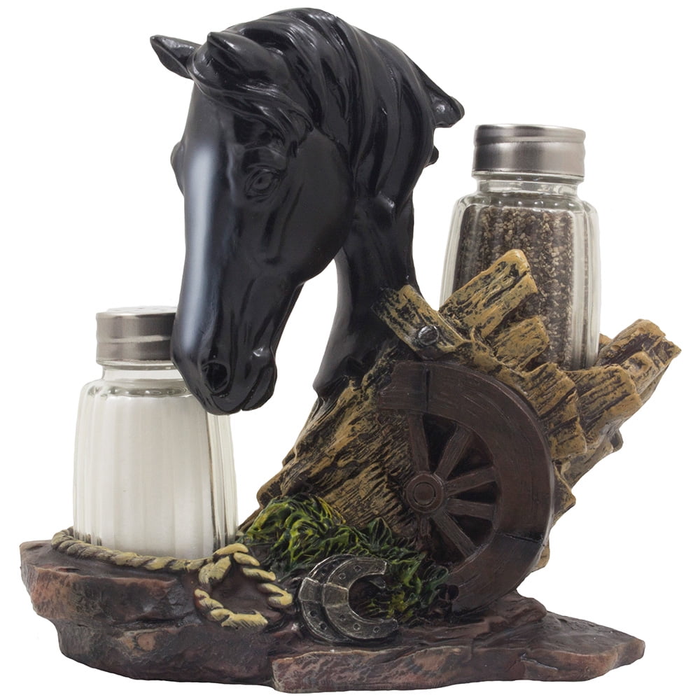 Black Horse Glass Salt and Pepper Shaker Set with Decorative Stallion