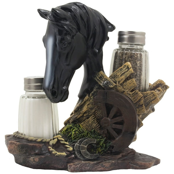 Black Horse Glass Salt and Pepper Shaker Set with Decorative Stallion Bust Holder Figurine for