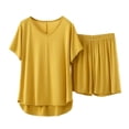 thumbnail image 2 of NominalSnug Pajama Sets for Women Round Neck Short Sleeve Sleep Shirts Wide Leg Pleated Shorts Casual Loose Loungewear, 2 of 6