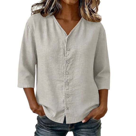 LEKWK Linen Tops for Women 3/4 Sleeve Button Down Tunic Tops Loose Fit V Neck Lightweight Solid Shirts Summer Beach Vacation Daily Outfits