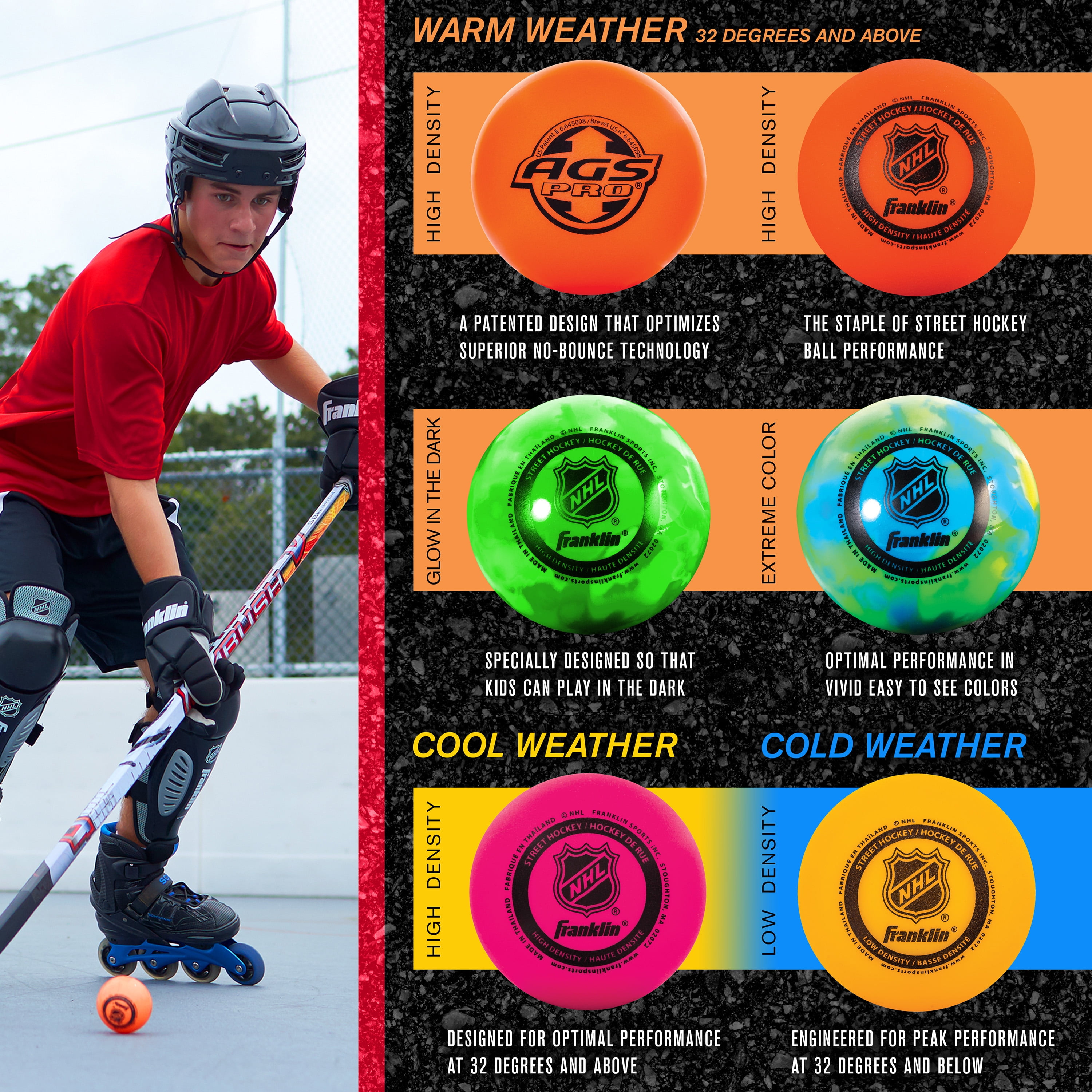 Franklin Sports NHL Street Hockey Balls, Outdoor Use, Low‑Bounce PVC – Multi‑Color, 3‑Pack