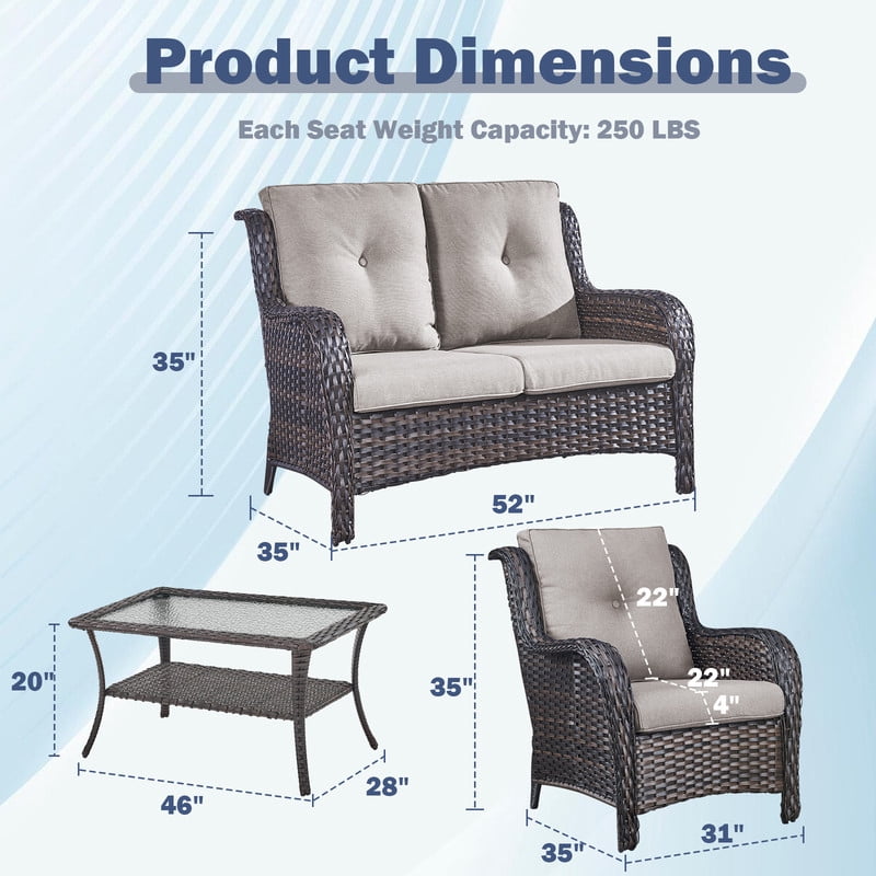 PARKWELL 6-Piece Outdoor High Back Patio Conversation Set,Rattan 6-Seat Furniture with Loveseat Sofa, Wicker Chairs,Coffee Table and Ottomans,Brown Wicker Gray Cushions
