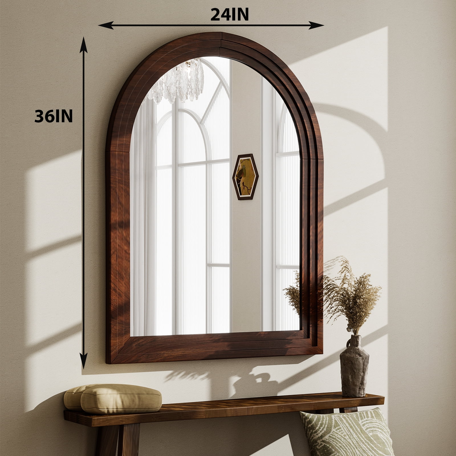Easy4Home 36"x24" Arched Bathroom Mirror with Wooden Frame Decorative Wall Mounted Mirror, Brown