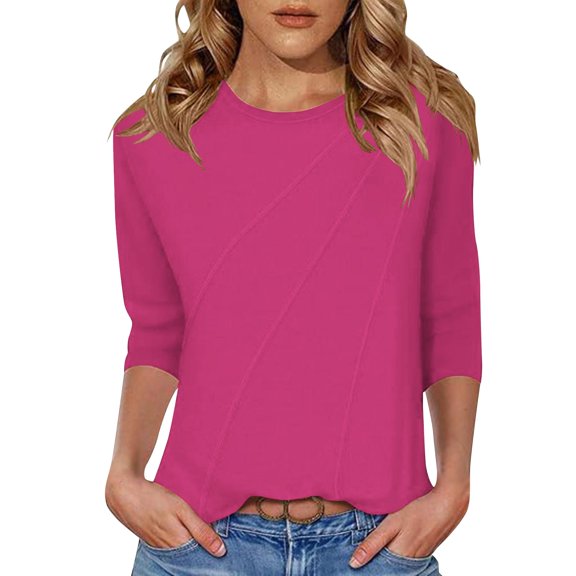 T-Shirts for Women Plus Size 3/4 Length Sleeve Solid Color Crewneck Pleated Lightweight Dressy Tunic Tops Hot Pink XL