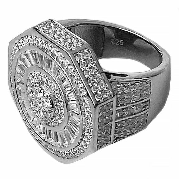 Mens Real Solid 925 Sterling Silver Octagon Hip Hop Ring Big Heavy Iced Baguette Finger Bling Size 7