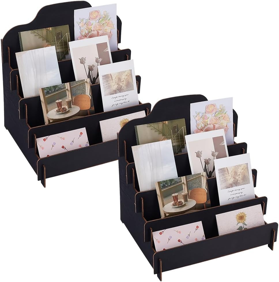 2 Sets 4 Tiers Greeting Card Display Stand Wooden Collector Display Rack Portable Birthday Cards Displays Multi-Purpose Sticker Displays Stand for Vendors Postcard Rack 11.8"x10.39"x12.6"