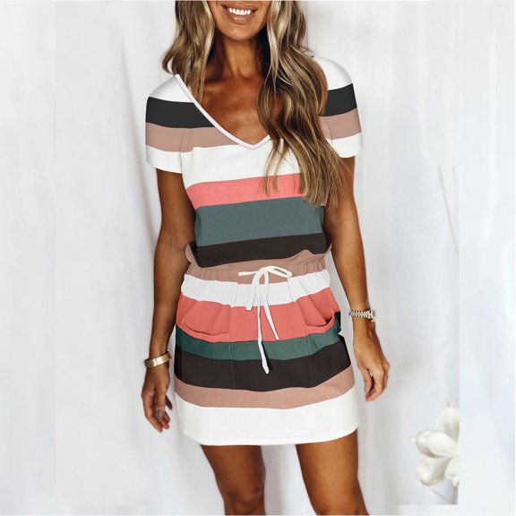 Nnhblu Casual Dresses Floral Print Dresses for Women Short Sleeve V Neck Blue - M