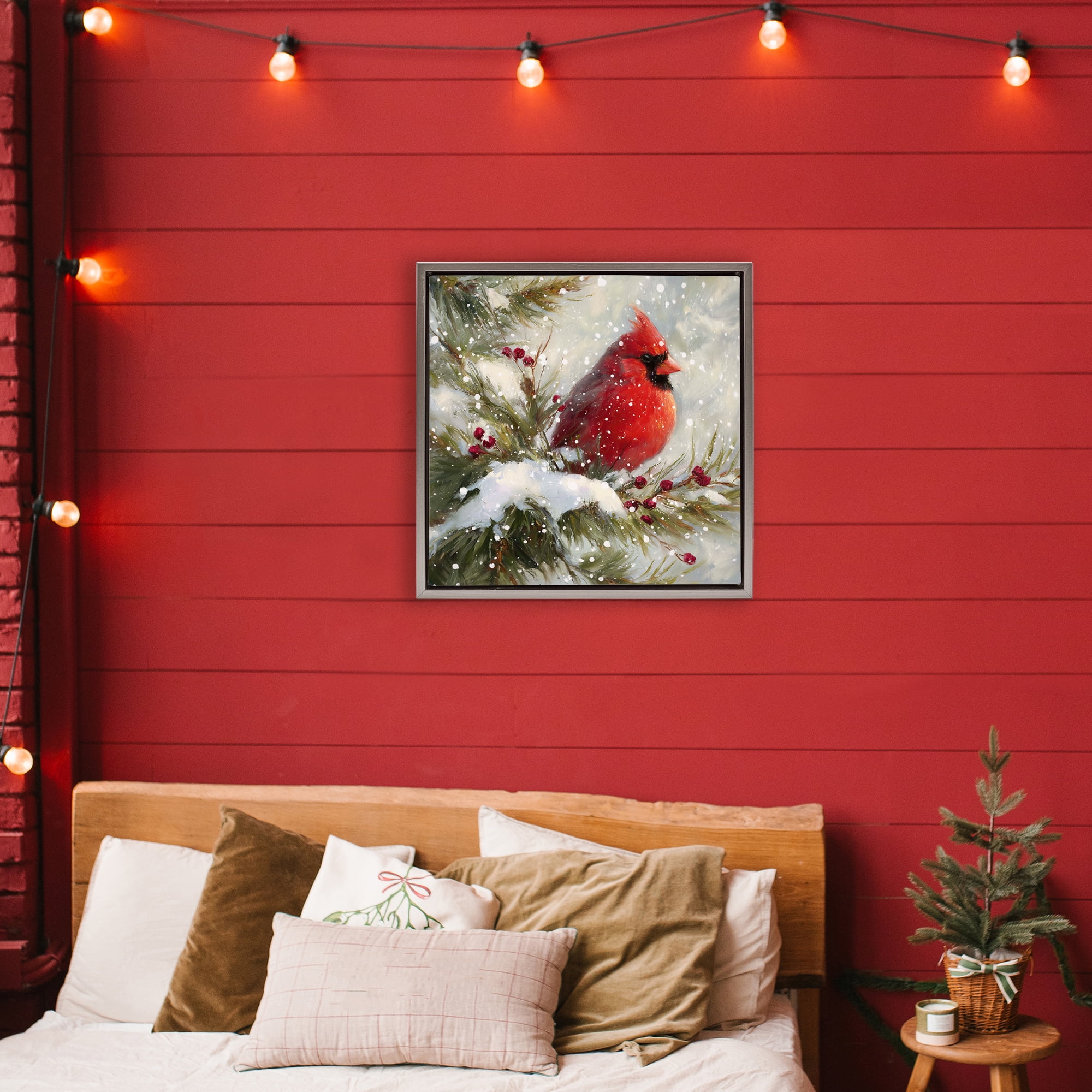 Stupell Industries Winter's Red Jewel Gray Framed Floater Canvas Wall Art, design by Tina LeCour