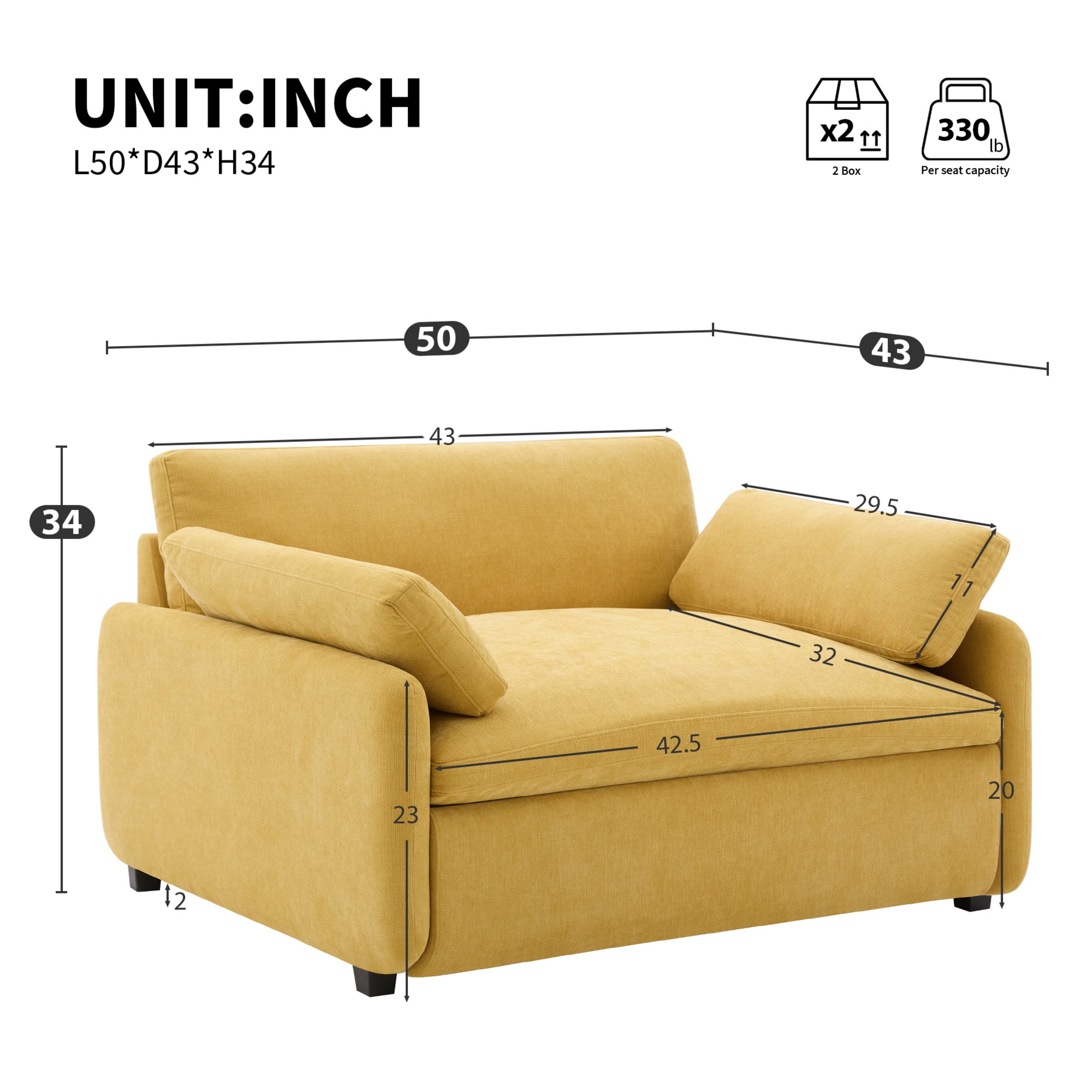 Noble House Iveron Oversized Chenille Upholstered Single Sofa Chair, Armchair Couch with Armrest Pillows, Yellow