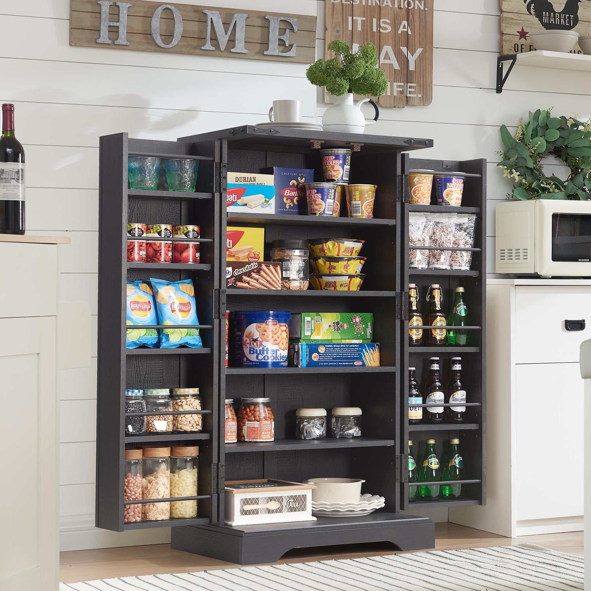 ACCOHOHO 47" Kitchen Pantry Cabinet, Farmhouse Storage Cabinet with Adjustable Shelves for Kitchen, Dining Room, Bathroom - Black