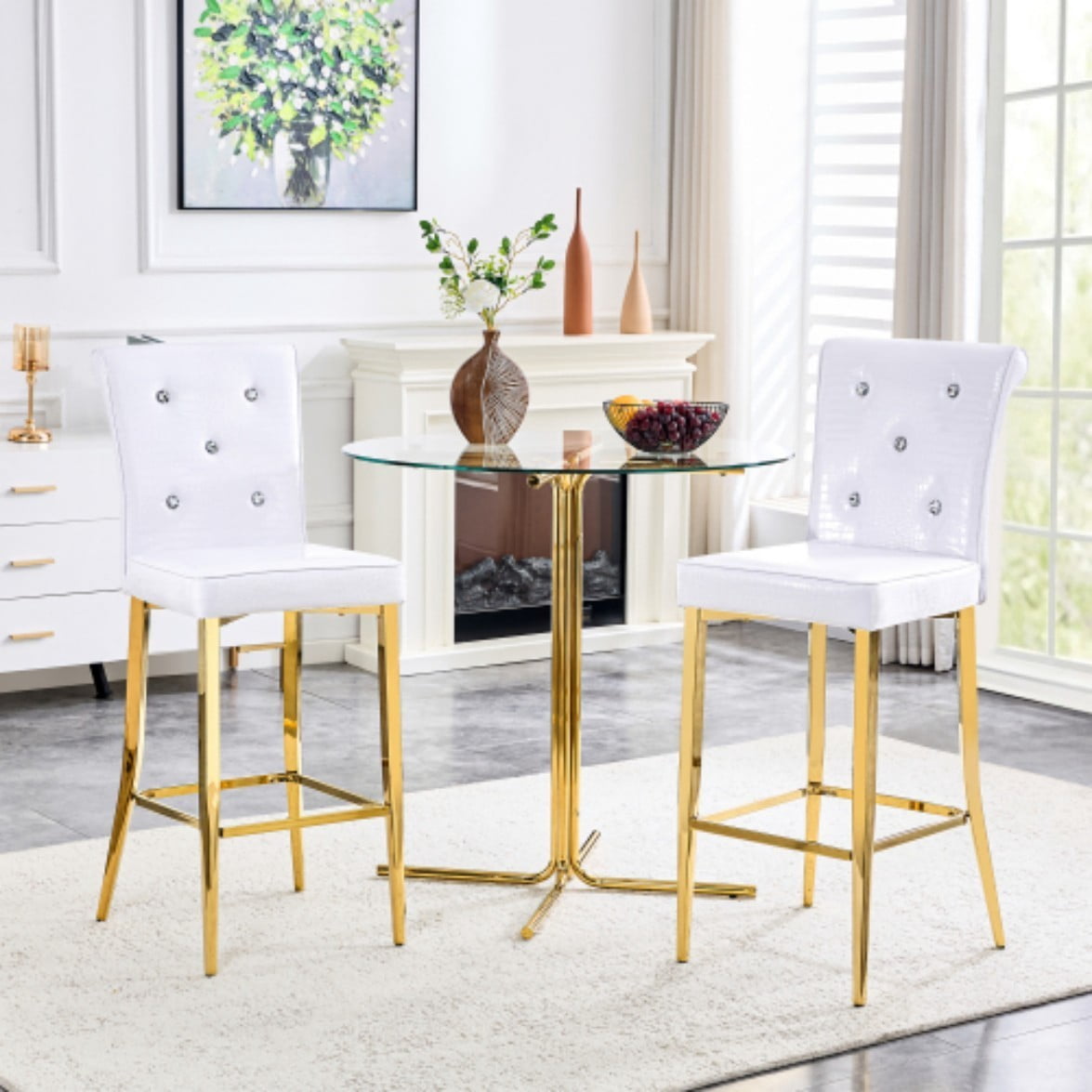 Set of 2 Vintage Bar Chairs, Faux Crocodile Leather Upholstered Stools with Crystal Button Details & Accents, Kitchen Island & Bar, White & Gold