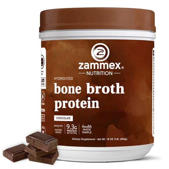Zammex Chocolate Bone Broth Protein, Grass Fed Hydrolyzed Collagen for Joint & Skin, , No Artificials, 41 Servings, 1lb