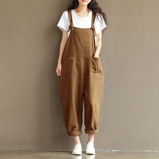 Pantalones casuales con tirantes de hombro cepillados en azul profundo de estilo retro artístico para mujer de talla grande