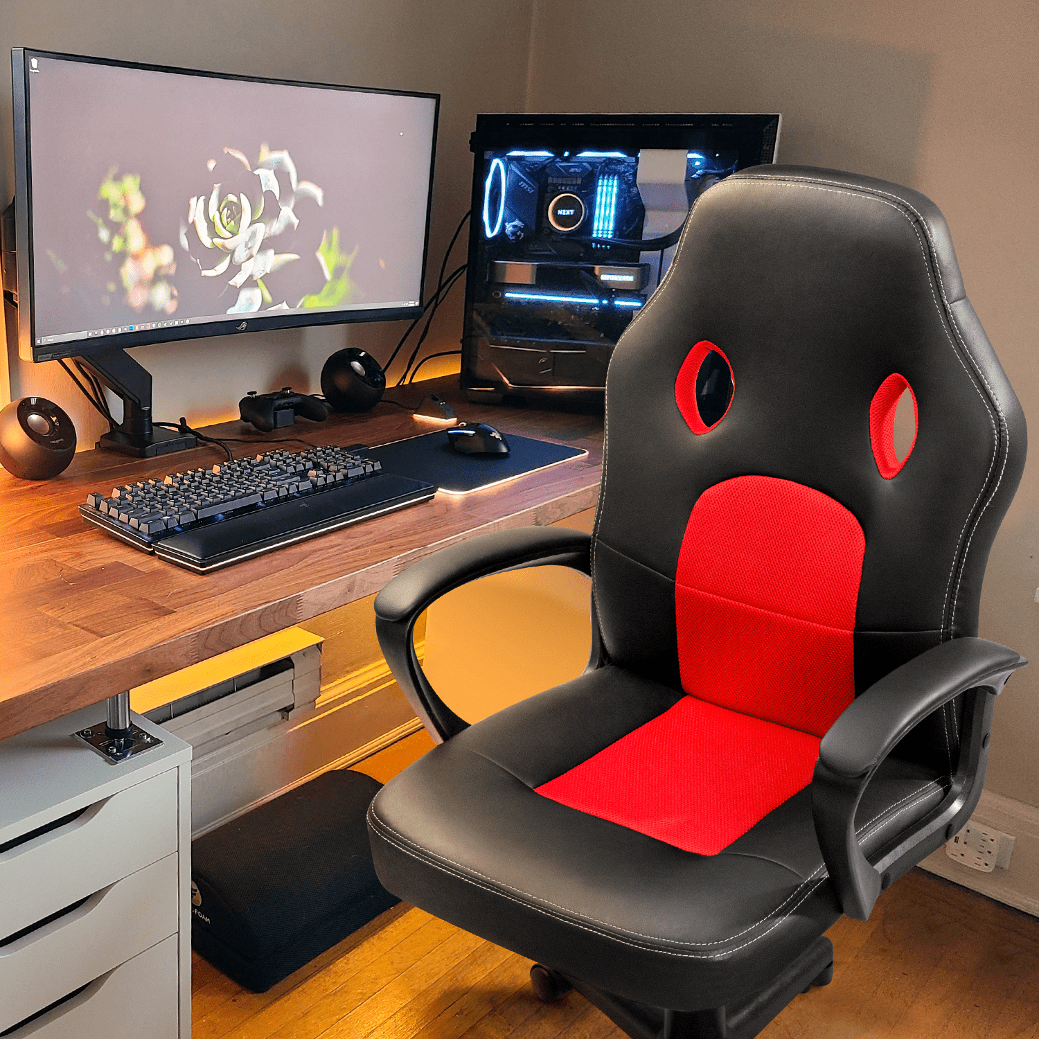 Furmax Faux Leather Gaming Chair Mid-Back Video Game Chair with Lumbar Support, Red