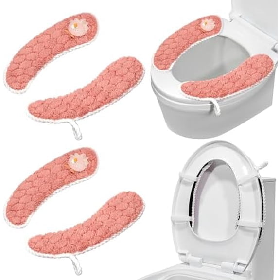 Toilet Seat Cover Bathroom Toilet Seat Cushion Toilet Seat Warmer with Handle, Washable and Reusable Toilet Seat Pads for Winter, Fits All Toilet Seats, 2 Pairs, Pink