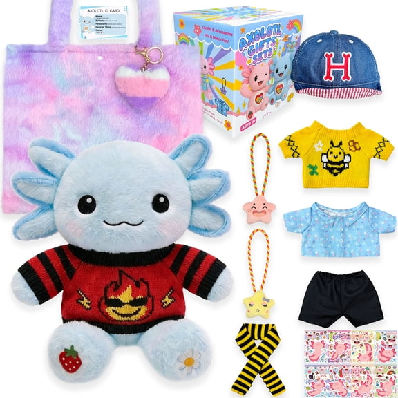 Lovely 13” Axolotl Plush Playset with 12 Clothes & Accessories, Cute Stuffed Animal Gift for Girls Kids 4-12 Years Old